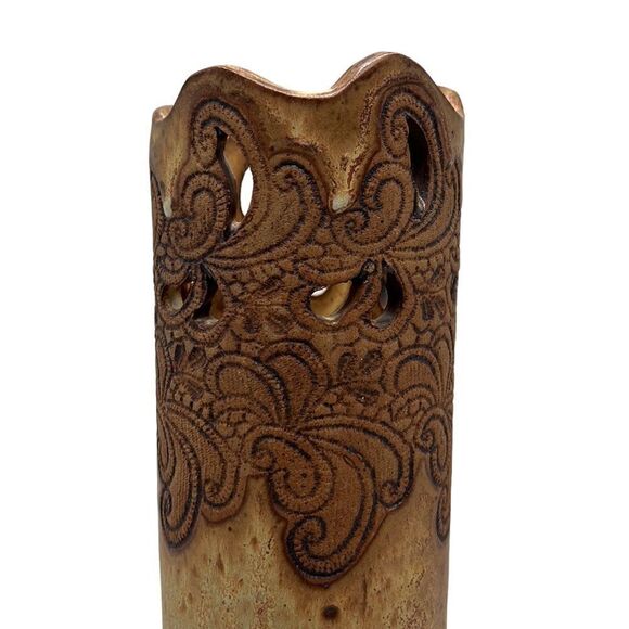 Decorative Vase 13" Stoneware Etched Floral Flowers Neutral Boho Bohemian Tall - Picture 2 of 8